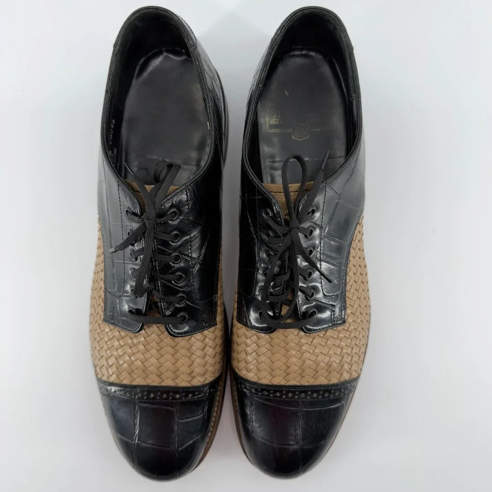 Stacy Adams‎ Mens Black Croc Tan Woven Leather Cap Toe Oxford Shoes 10